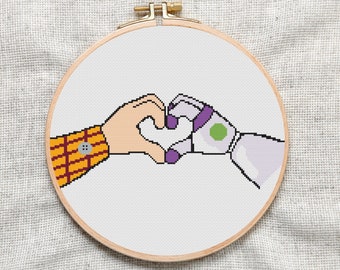 Toy Story korsstygnsmönster, Buzz och Woody Heart (PDF-mönster)