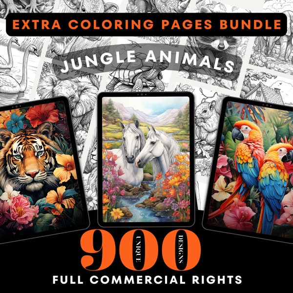 Jungle Animals Coloring Pages Bundle | 921 Digital Prints | Resalable | PLR Bundle | KDP Book Interior | Commercial Rights | Canva Editable