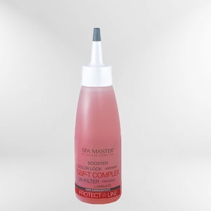 May include: A pink bottle of Spa Master Protect+Line hair colour booster with a white cap and a grey nozzle. The bottle has the text "Spa Master", "Booster", "Colour Lock", "SSP-T Complex", "UV-Filter", "Laminate", "High Concentrate", and "Protect+Line" printed on it.