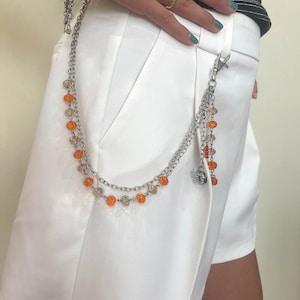 Cadena para cinturón con cuentas con la letra D brillante para pantalones vaqueros con pulsera, colgantes, cadena para vaqueros de color naranja, color naranja