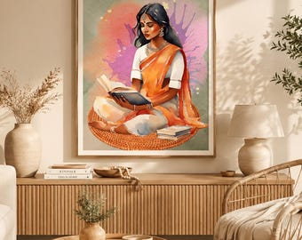 Indian Woman Reading Watercolor Art, Saree Desi Home Decor (Digital Download)