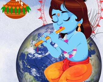 Muurdecoratie met afbeelding van Baby Krishna, schilderij van een hindoeïstische god, spirituele woondecoratie (digitale download)