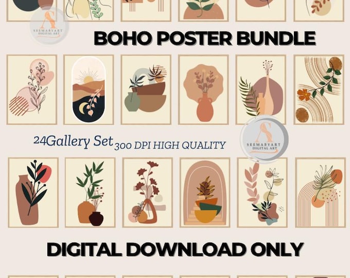 Boho Wall Art Bundle set of 24 | Neutral Beige Printable Art | Bohemian Gallery Wall Decor | Abstract Geometric Digital Download Posters