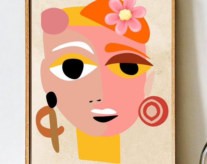 Modern Abstract Wall Art Maximalist Poster Living Room Decor Mid Century Trendy Wall Art Retro Digital Prints Women's Face Art Print #154