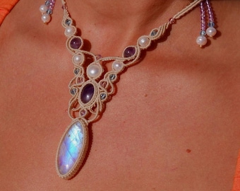 Micro Macrame Necklace: Moonstone, Amethyst, Pearl, Boho Wedding Jewelry