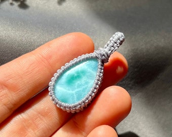 Double Larimar Necklace, Gemstone Macrame Pendant, Yoga Bohemian Jewelry, Minimalist Everyday Jewelry, Boho Woven Collar, Chakras Healing