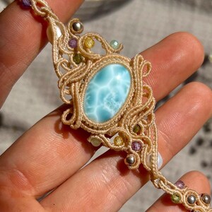 Micro Macrame Larimar Bracelet: Freshwater Pearls, Adjustable Boho Cuff