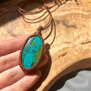 Chrysocolla Macrame Pendant Necklace: Bohemian Woven Jewelry