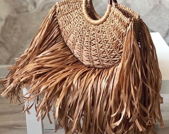 Handmade Macrame Fringe Bag: Raffia Woven Boho Beach Bag