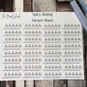 May include: A sticker sheet with a white background and black outlines of chili peppers. The sheet is labeled "Spicy Rating Sticker Sheet" and "The Book Shack".