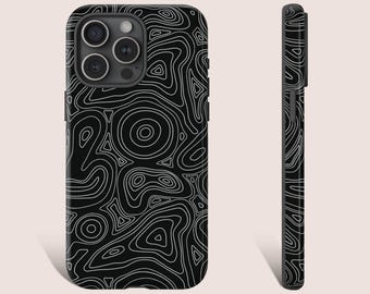 Black Phone Case, Topographic Phone Case, Black Abstract Line Phone Case for iPhone 16 15 14 13 12 Pro Galaxy s25 s24 s23 Google Pixel 0239