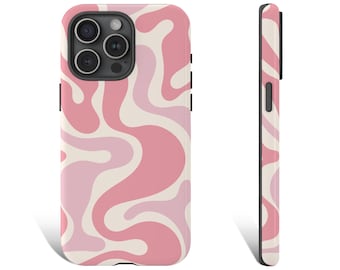 Pink Wavy Phone Case, Pink Swirl Phone Case, Groovy Lines Phone Case for iPhone 16 15 14 13 12 X Pro Galaxy s25 s24 s23 Google Pixel 9 0326