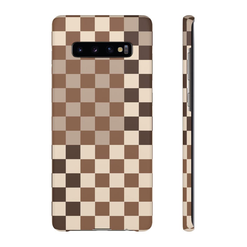 May include: A brown and beige checkered phone case for a Samsung Galaxy S10.