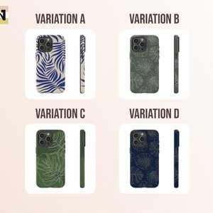 May include: Four variations of a phone case with a tropical leaf design. The cases are beige, green, dark blue, and black with white outlines of the leaves. The cases are shown with a matching phone case.
