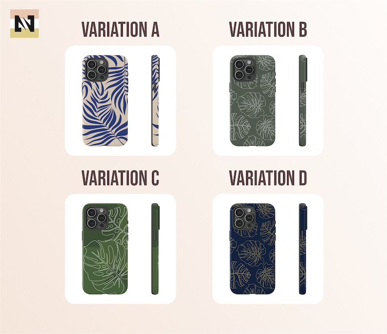 May include: Four variations of a phone case with a tropical leaf design. The cases are beige, green, dark blue, and black with white outlines of the leaves. The cases are shown with a matching phone case.