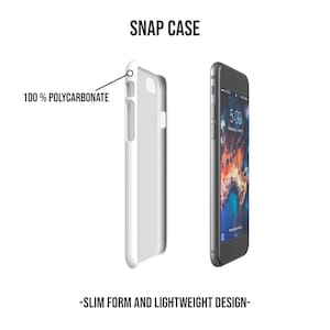 May include: A white phone case with the text "SNAP CASE" and "100% POLYCARBONATE" printed on it. The case is shown next to a phone with a screen displaying the time 5:09.