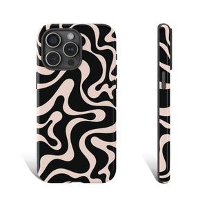May include: A black and cream phone case with a swirling abstract pattern. The case is designed for a phone with a triple lens camera.