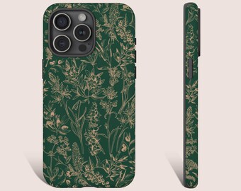 May include: A green phone case with a floral pattern in a light brown color. The case has a cutout for the camera lens.