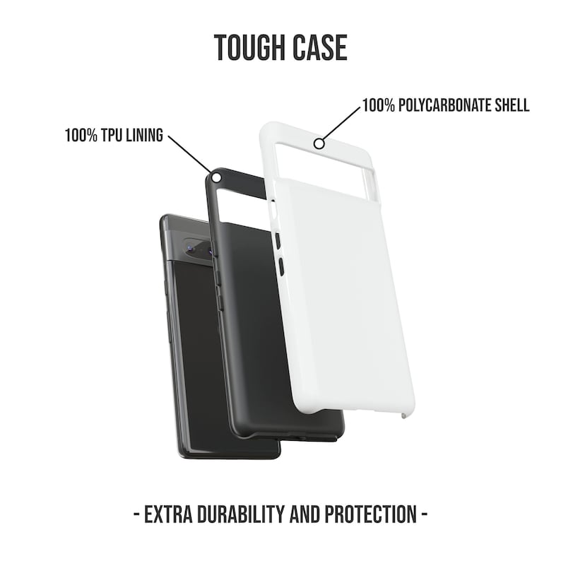 May include: A white phone case with a black TPU lining. The case is made of polycarbonate and has a tough, durable design. The case is shown disassembled to reveal the layers of protection.