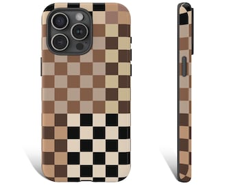 Brown Checkered Phone Case, Brown Phone Case, Boho Brown Phone Case For iPhone 15 14 13 12 11 X XR 8 Pro Max Galaxy s24 s23 s22 Pixel 8 0207