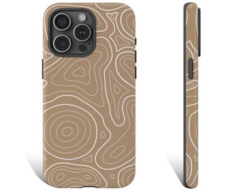 May include: A brown phone case with a white topographic pattern. The case has a raised camera bump and a black border.