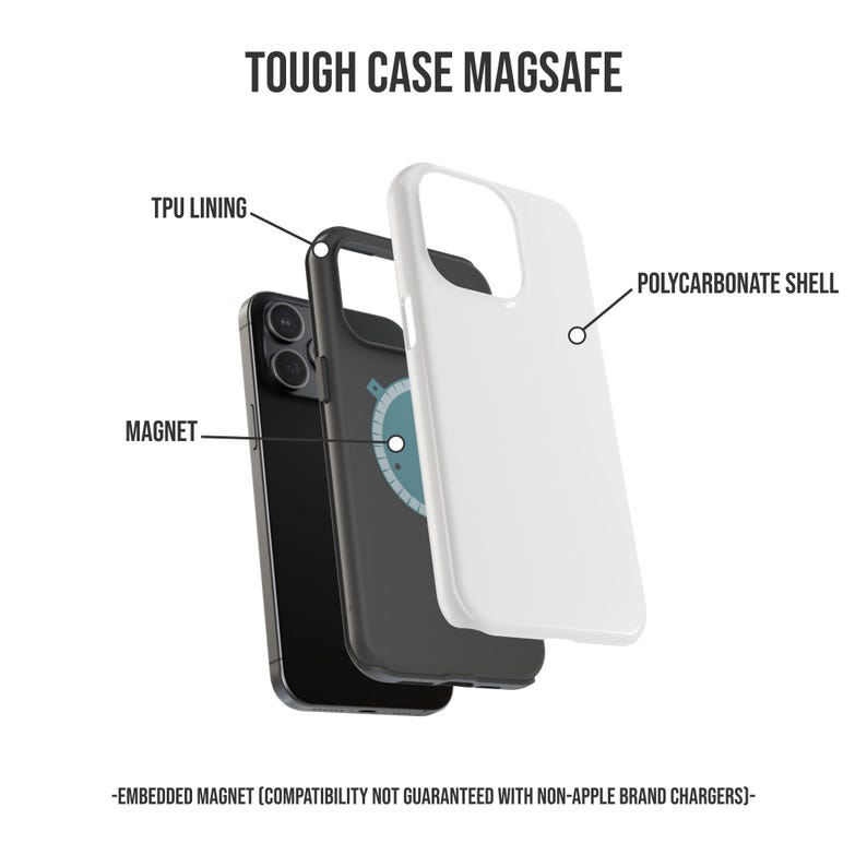 May include: A white phone case with a black TPU lining and a built-in magnet for MagSafe compatibility. The case is made of polycarbonate and has a cutout for the camera lens.