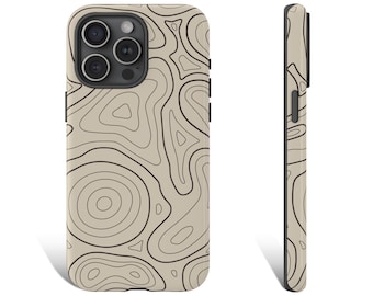 May include: A beige phone case with a black topographic map design. The case has a raised camera bump and a cutout for the phone's buttons.