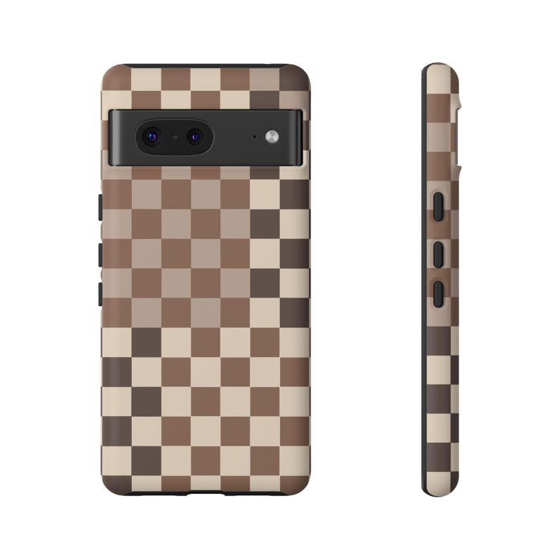 May include: A brown and beige checkered phone case with a black camera cutout.