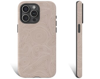 May include: A beige phone case with a white topographic pattern. The case has a black border and a cutout for the camera lens.