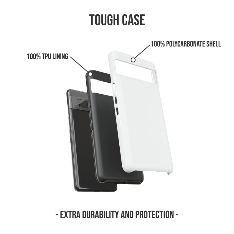 May include: A white phone case with a black TPU lining. The case is made of polycarbonate and has a tough, durable design. The case is shown disassembled to reveal the layers of protection.