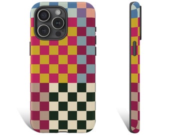 Funda para teléfono a cuadros de colores, funda para teléfono con estampado a cuadros, funda retro para iPhone 16 15 14 Galaxy s26 s25 Google Pixel 9 8 7 6 0359