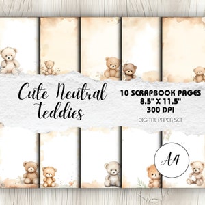 Nounours mignons A4 - 10 pages de scrapbooking style aquarelle | Téléchargement instantané | Souvenirs de bébé, garçon ou fille, arrière-plans d'invitation de baby shower