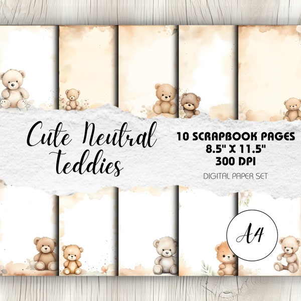 Cute Teddies A4 - 10 Watercolour-Style Scrapbook Pages | Instant Download | Baby Memories, Boy or Girl, Baby Shower Invitation Backgrounds