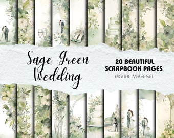 Wedding Scrapbook Kit | Watercolour Floral Scrapbook Backgrounds - Pack of 20 | Instant Download | Sage Green Wedding Decor