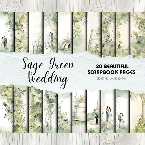 Wedding Scrapbook Kit | Watercolour Floral Scrapbook Backgrounds - Pack of 20 | Instant Download | Sage Green Wedding Decor