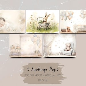 New Baby Neutral A4 15 Watercolour-Style Scrapbook Backgrounds Instant Download Baby Memories, Boy or Girl image 3