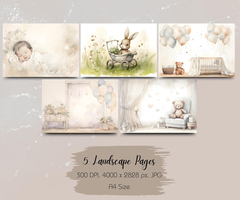 New Baby Neutral A4 15 Watercolour-Style Scrapbook Backgrounds Instant Download Baby Memories, Boy or Girl image 3