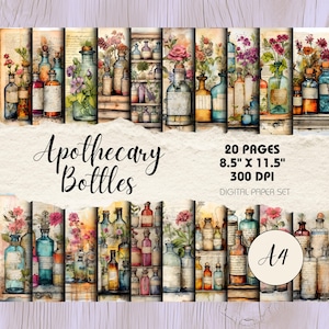 Apothecary Bottle Junk Journal Pages: Watercolor Floral Scrapbook Paper (Digital Download)