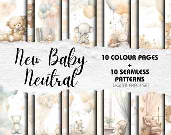 New Baby Seamless Patterns Digital Download Scrapbook Paper Watercolour Backgrounds Baby Shower