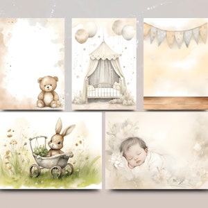 New Baby Neutral A4 15 Watercolour-Style Scrapbook Backgrounds Instant Download Baby Memories, Boy or Girl image 5