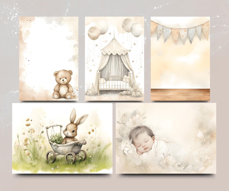 New Baby Neutral A4 15 Watercolour-Style Scrapbook Backgrounds Instant Download Baby Memories, Boy or Girl image 5