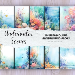 Underwater Scenes Watercolour Artworks - Pack of 10 | Instant Download | Crafting, Decor, Sublimation, Digital Scrapbook, Journalling