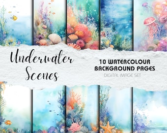 Underwater Scenes Watercolour Artworks - Pack of 10 | Instant Download | Crafting, Decor, Sublimation, Digital Scrapbook, Journalling