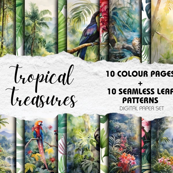 Tropical Rainforest Forest Artwork Seamless Leaf Patterns Watercolour Backgrounds Digital Download Scrapbooking Paper