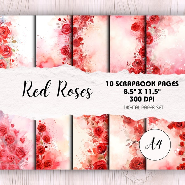 Red Roses A4 - 10 Valentines Day Scrapbook Pages | Instant Download | Watercolour Background Pages, Handmade Printable Valentines Card