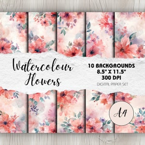 Fleurs à l'aquarelle - 10 arrière-plans A4 de rêve pour le scrapbooking et la journalisation indésirable, téléchargement immédiat, pages florales imprimables