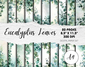 Eucalyptus Leaves - Pack of 20 A4 Size Background Pages | Instant Download | Paper Crafts, Digital Scrapbook, Junk Journal, Party Invitation