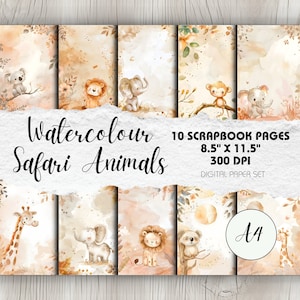 Páginas A4 con tema de safari para bebé recién nacido en acuarela x10 / Papel de fondo para álbum de recortes Acuarela Baby Shower Tema de animales lindos Niño o niña Neutral