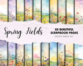 Spring Fields - Paquet de 20 arrière-plans de scrapbooking A4 | Téléchargement instantané | Pages colorées de journal floral printanier, papier style aquarelle