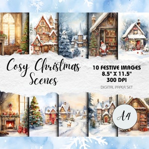 Accoglienti scene di Natale - 10 pagine in formato A4 / Download istantaneo / Calde vibrazioni natalizie, Cartoline di Natale fatte a mano, Artigianato festivo, Forniture di carta